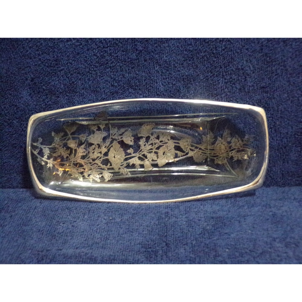 Vintage Silver City Flanders Glass Relish Serving Tray Dish Poppy Silver Overlay